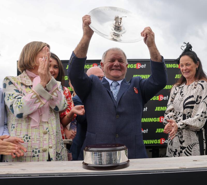 Brian Ellison holding trophy Northumberland Plate