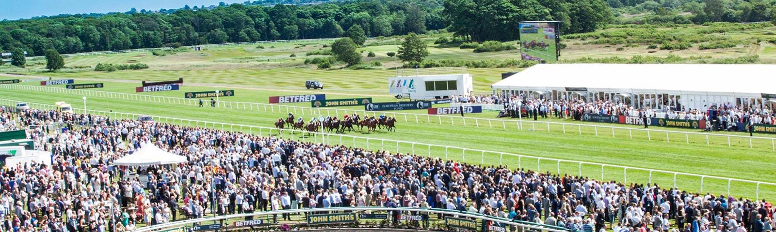 An aerial view of Newcastle Racecourse as crowds cheer on their horses as they run down the final straight.